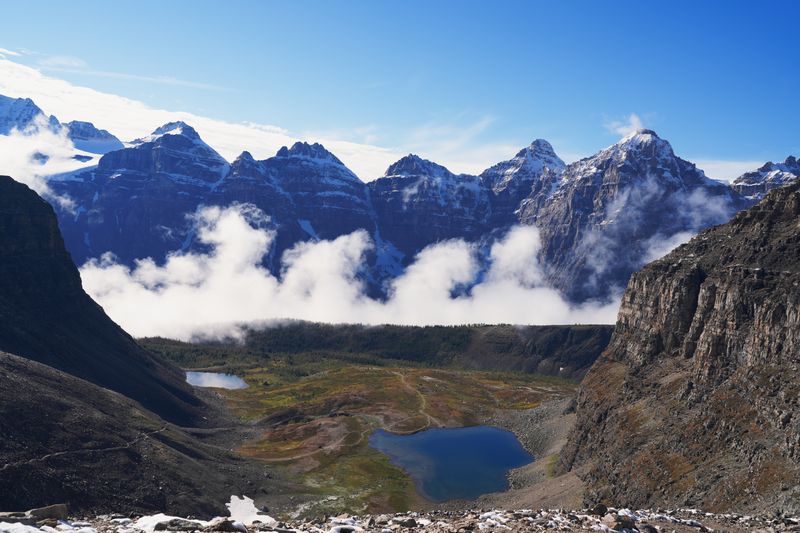 The Ten Peaks with cloud clearing from the valley